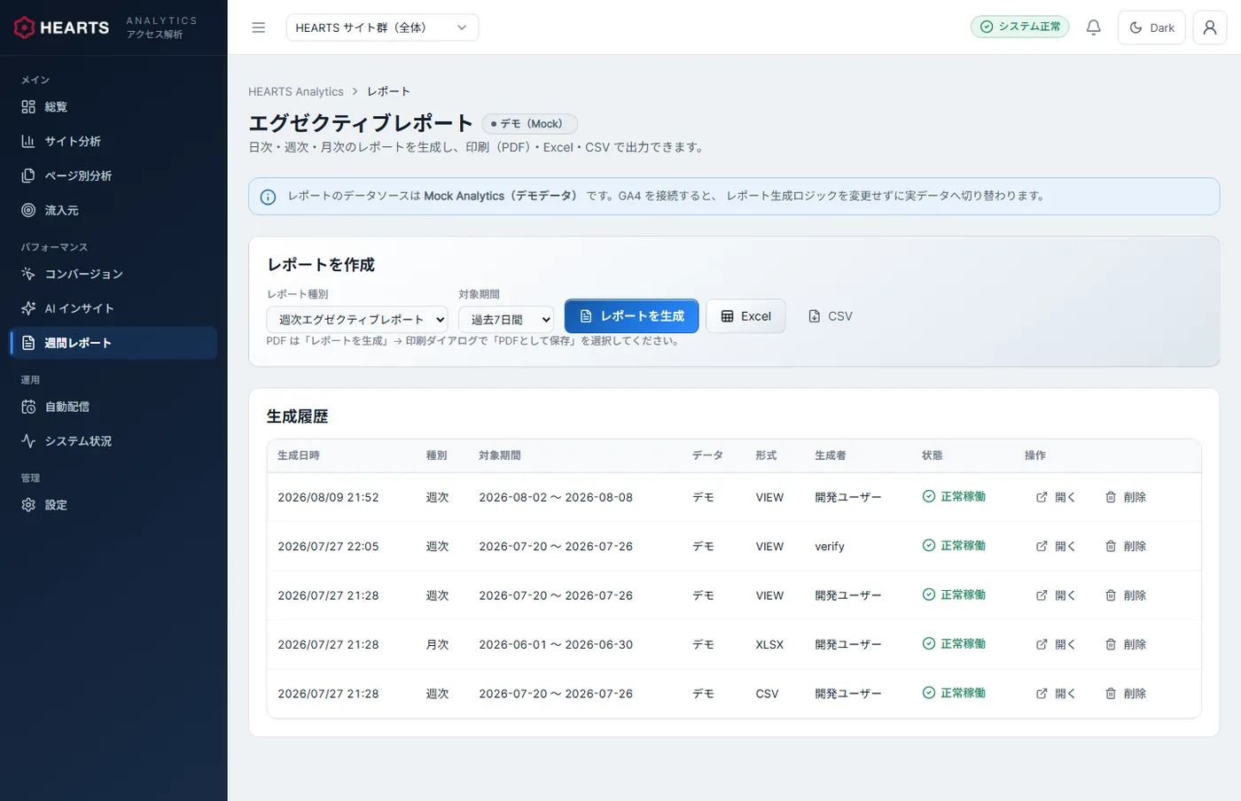 エグゼクティブレポートの画面。レポート種別と対象期間を選ぶ欄、レポートを生成・Excel・CSVのボタン、生成履歴の表