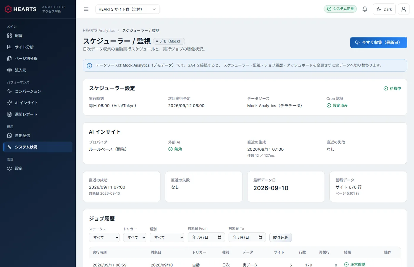 スケジューラー・監視の画面。実行時刻・次回実行予定・直近の成功と失敗・蓄積データ・ジョブ履歴の表